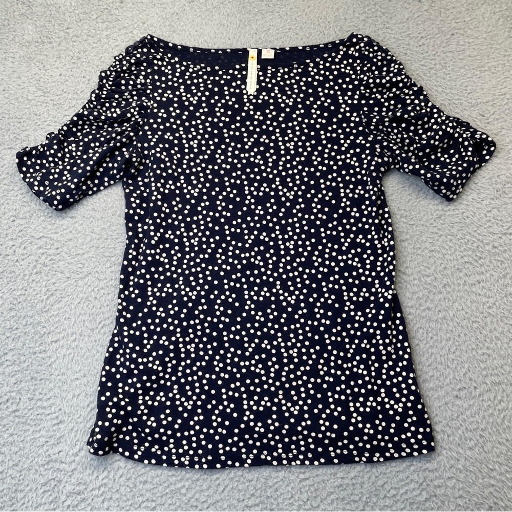 Anthropologie Shirt Women Small Blue White Polka Dot Blouse Short Sleeve Cotton